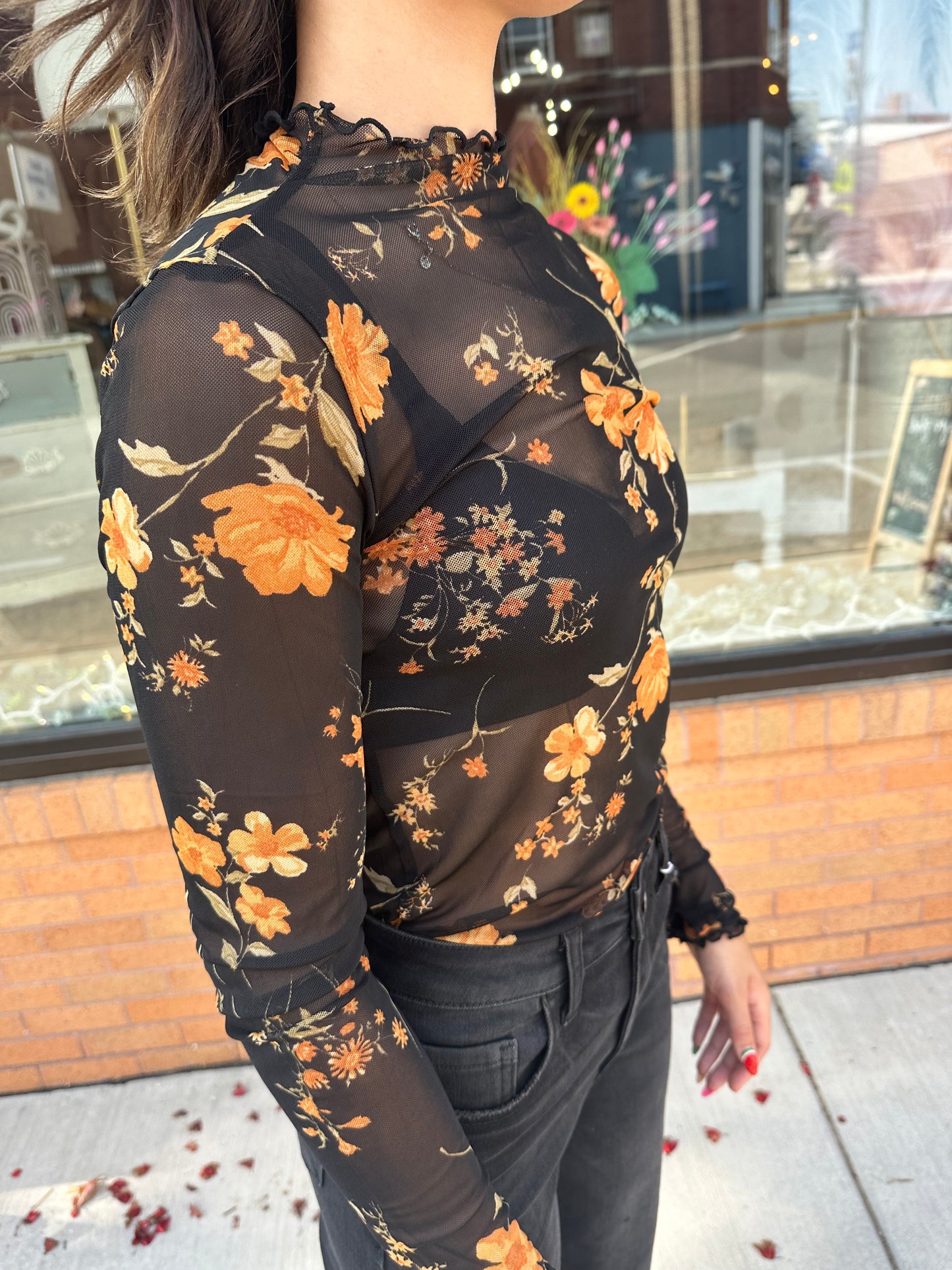 The Zandrea Floral Mesh Print Cabbage Hem Long Sleeve Top