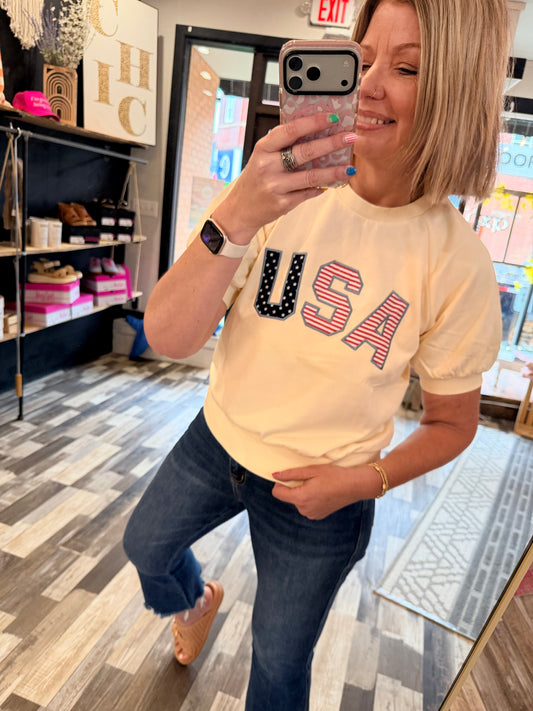 USA Embroidered Short Sleeve Sweatshirt