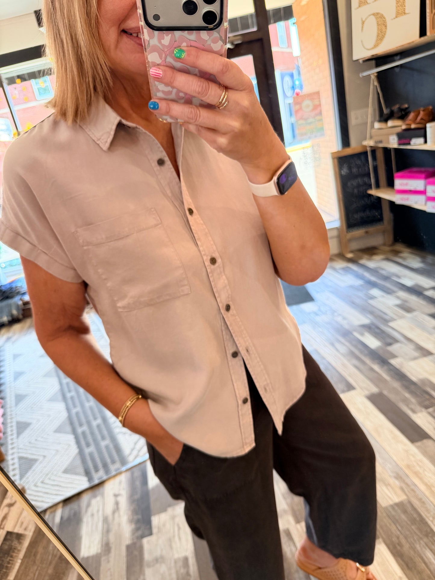Tencel Short Dolman Sleeve Button Down Shirt