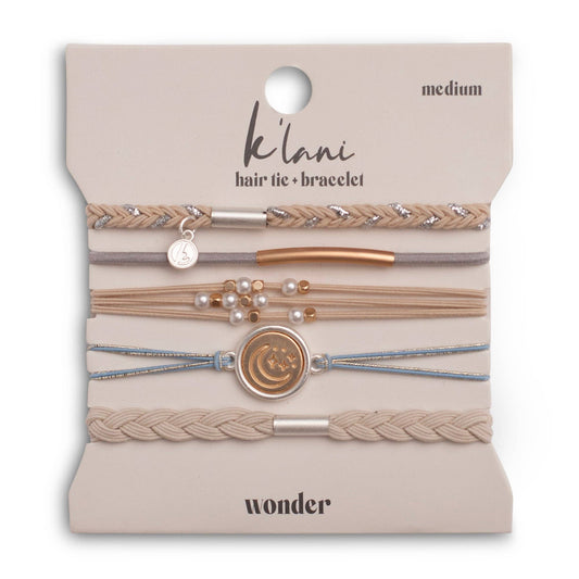 "Wonder" Soft Creams & Blues with Pearls & Gold Hair Tie Bracelets