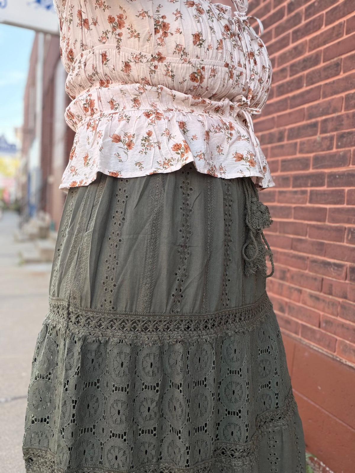 Harvest Time Elastic Waist Maxi Skirt w/ Lace Trim