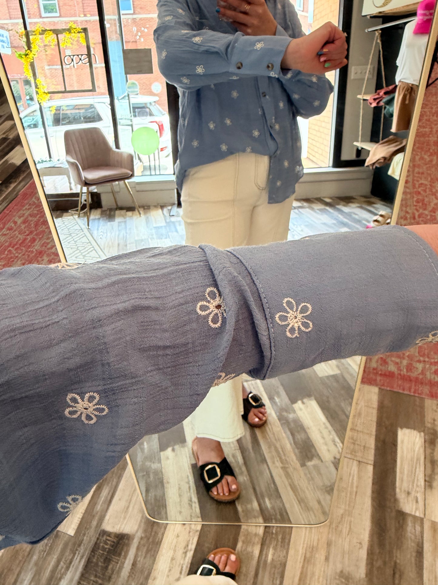 Floral Embroidered Button Down Relaxed Fit Textured Shirt