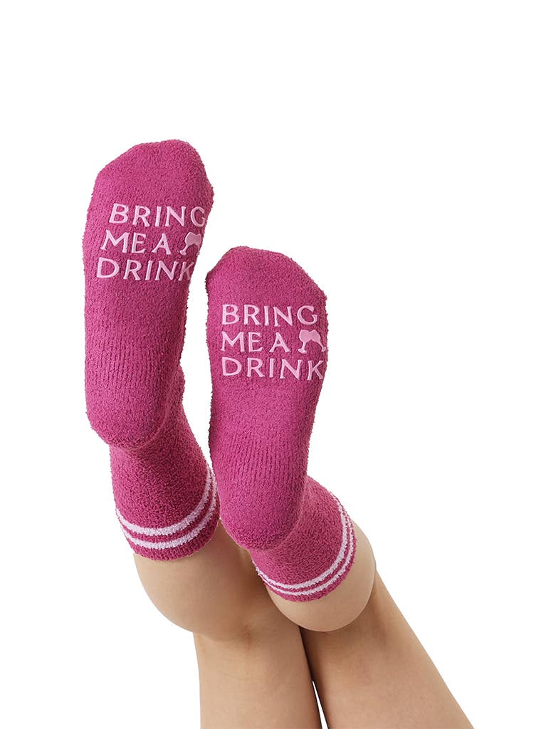 Fuzzy Crew Socks w/ Bottom Grip Phrase - "Bring Me a Drink"
