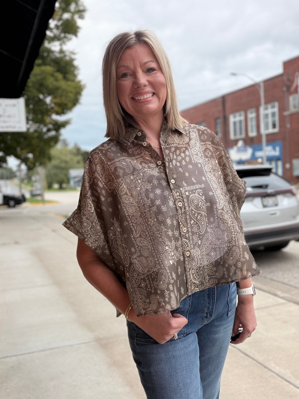 Sweet Meadow Paisley Print Button Down Dolman Top