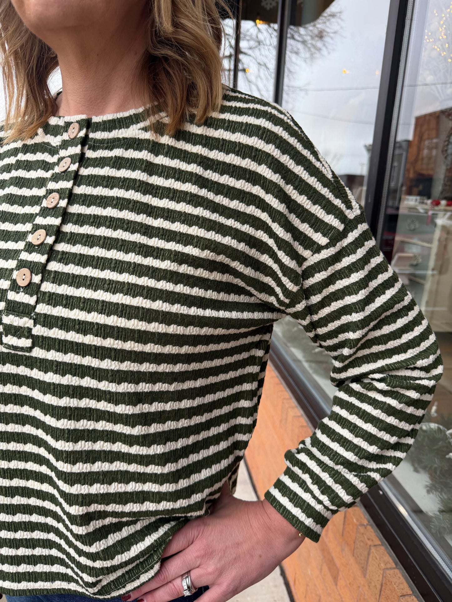 Stripe Textured Long Sleeve Henley Knit Top