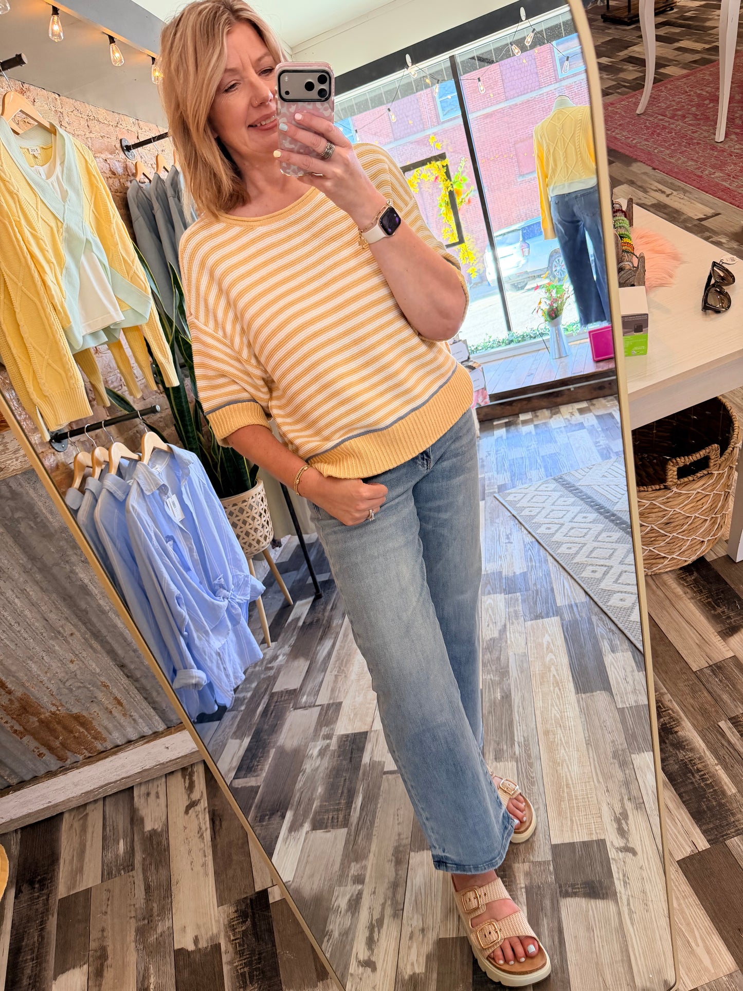 Stripe Raw Edge Detail Contrast Trim Sweater