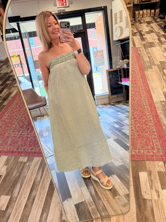 Embroidered Smocked Striped Tunic Maxi Dress