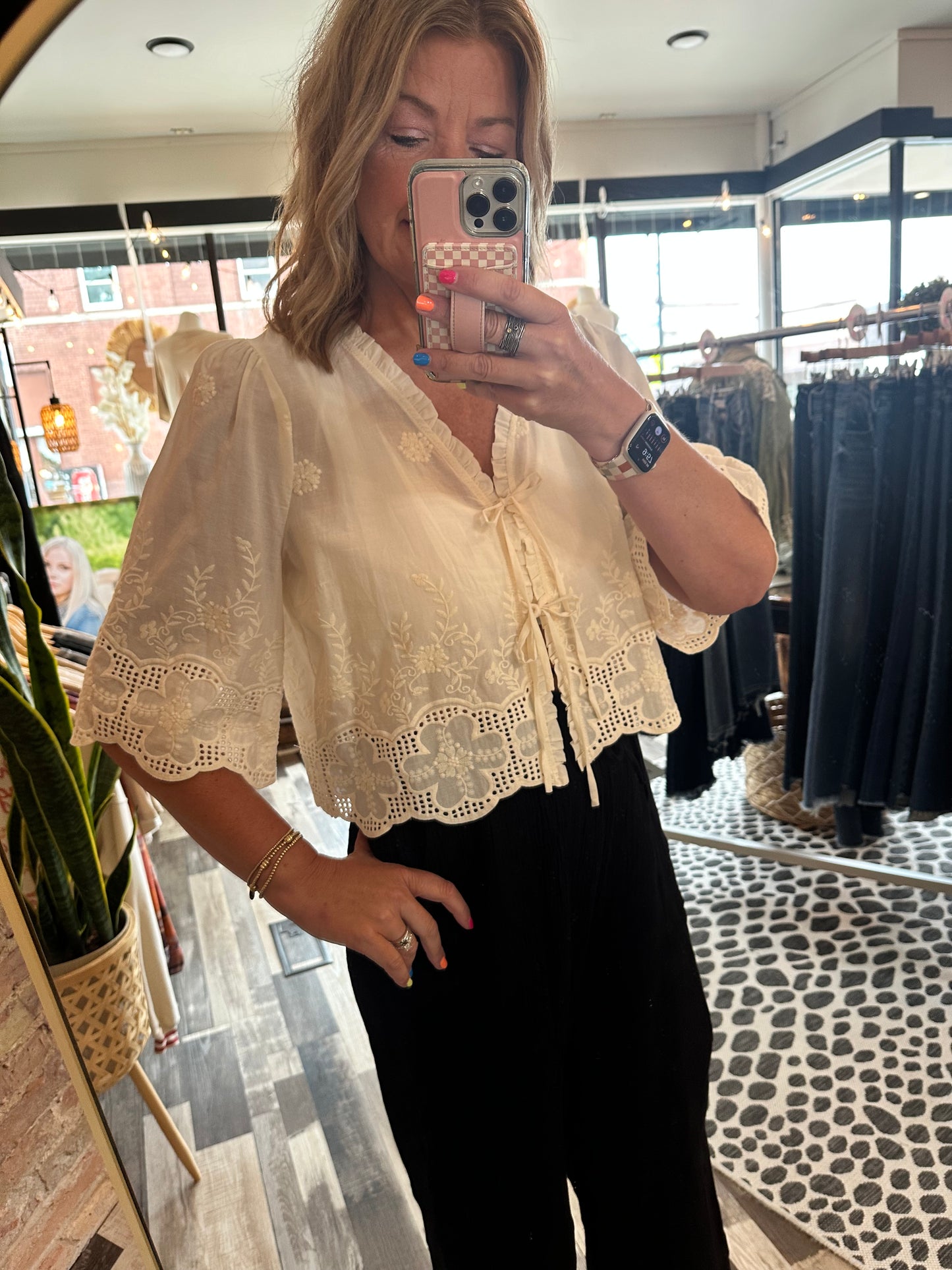 The Cloe Floral Embroidery Tie Front Blouse