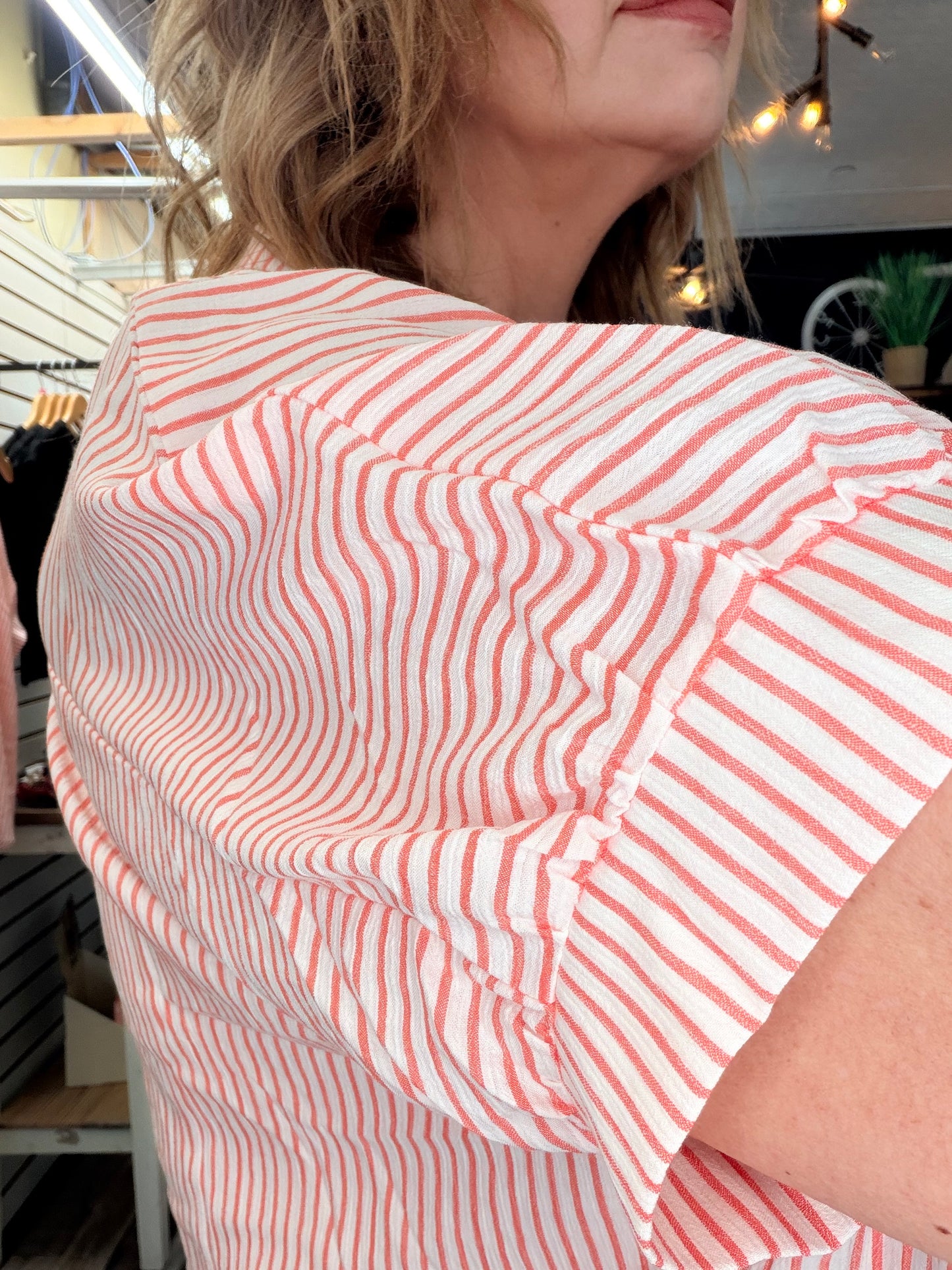 Woven Stripe Button Down Boxy Top