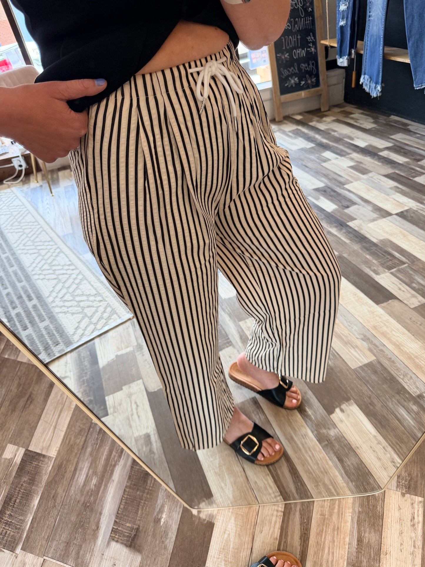Striped Wide-leg Drawstring Pants