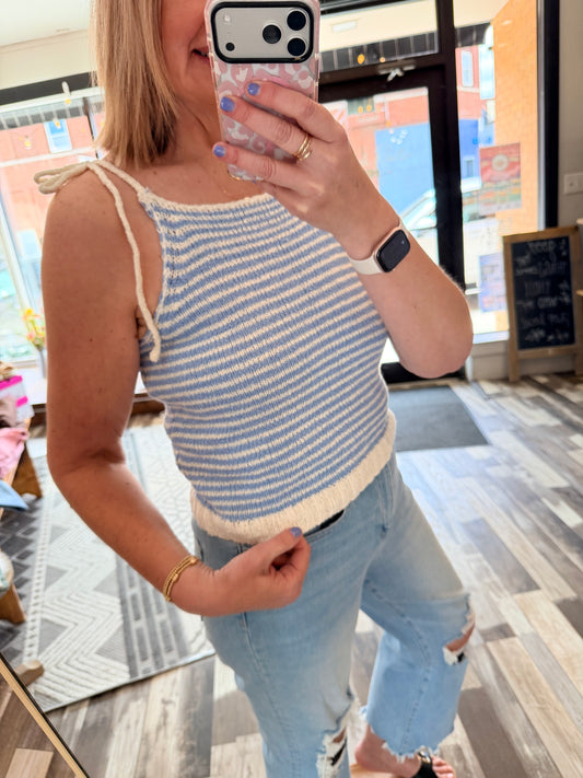Stripe Crochet Knit Tie Strap Cami