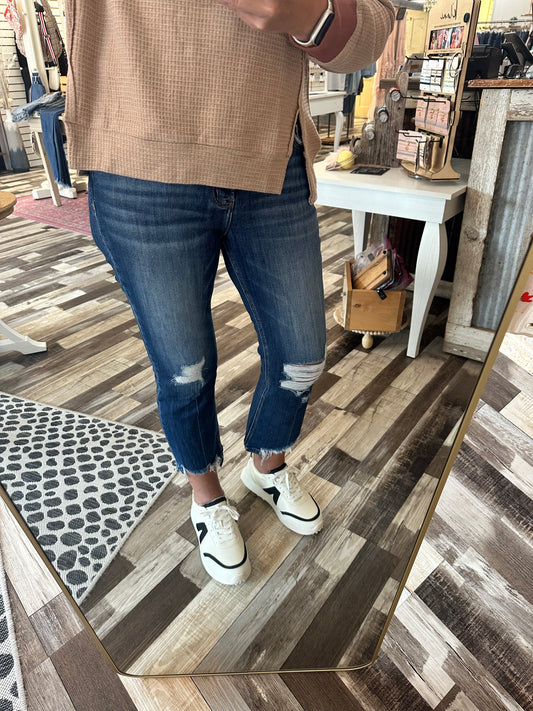Lovervet Mid Rise Slant Step Hem Crop Kick Flare Jeans