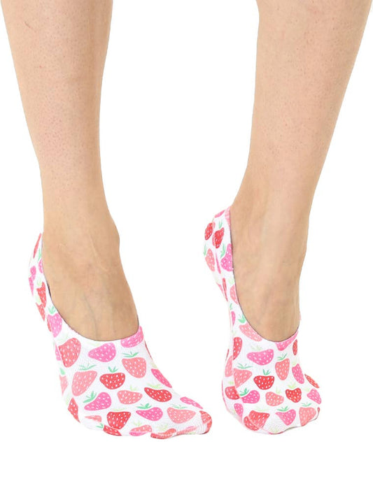 No-Show Liner Socks - Pink & Red Sweet Strawberries - White