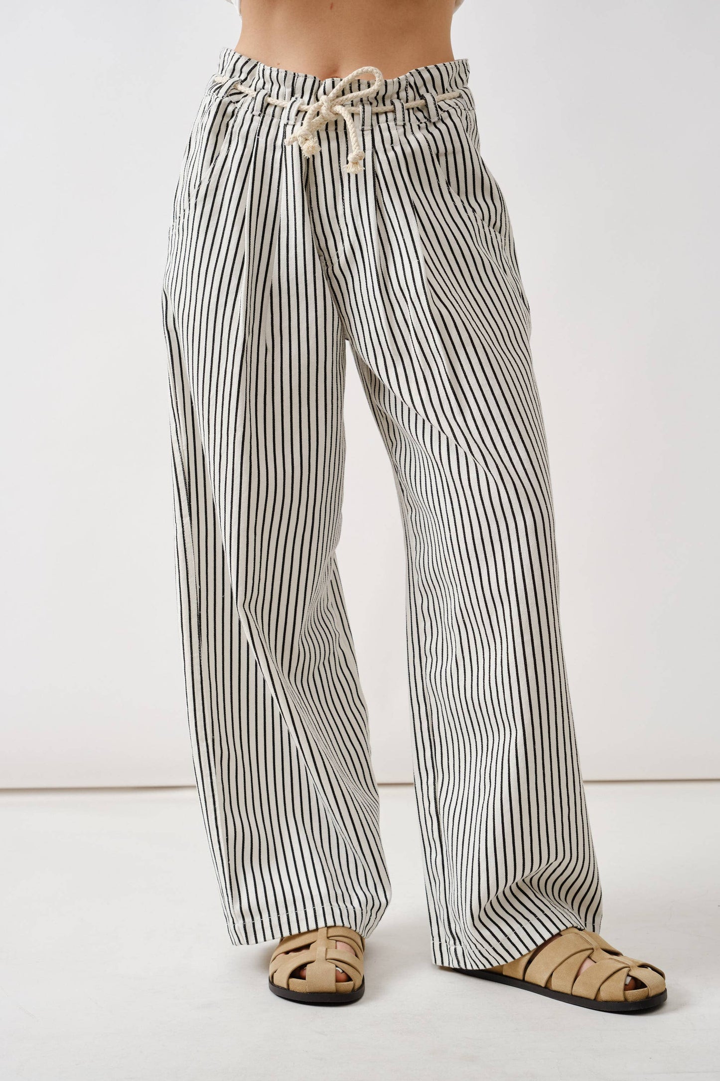Maren Wide Leg Striped Denim Pants w/Rope Belt