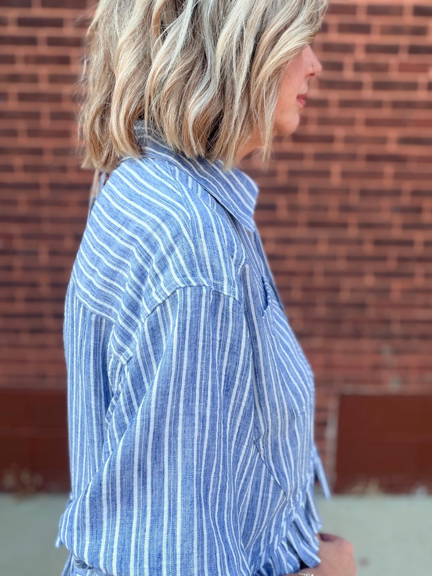 The Laney Striped Button Down Ruffled Hem Shirt