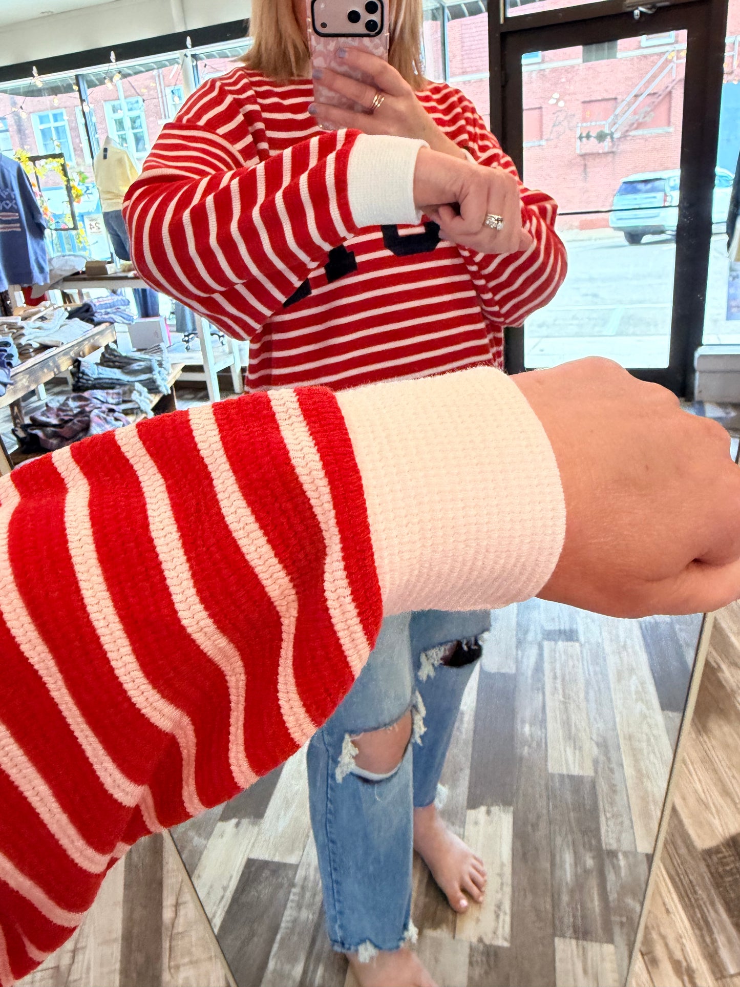 Striped Round Neck USA Americana Ribbed Knit Pullover
