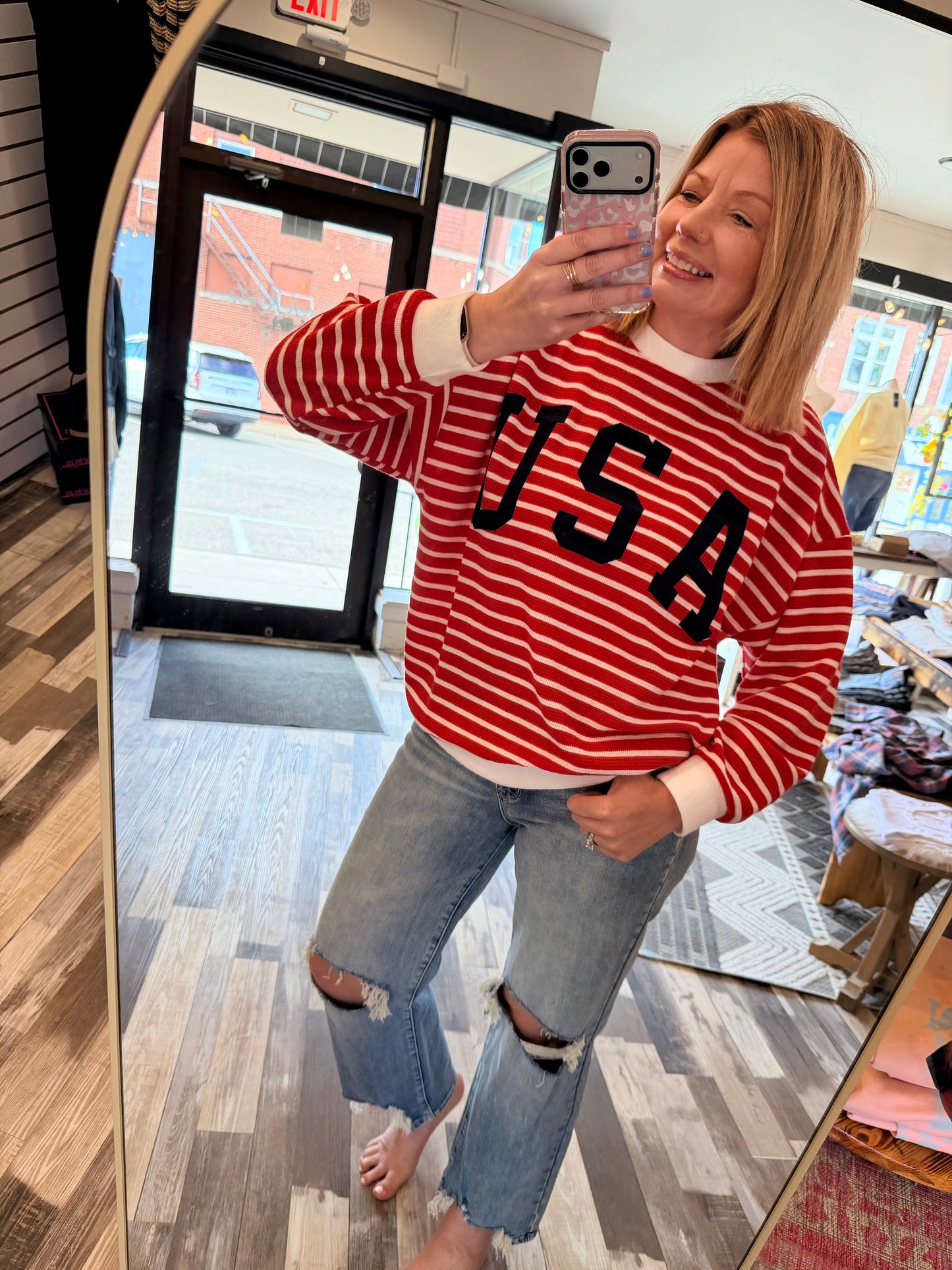 Striped Round Neck USA Americana Ribbed Knit Pullover