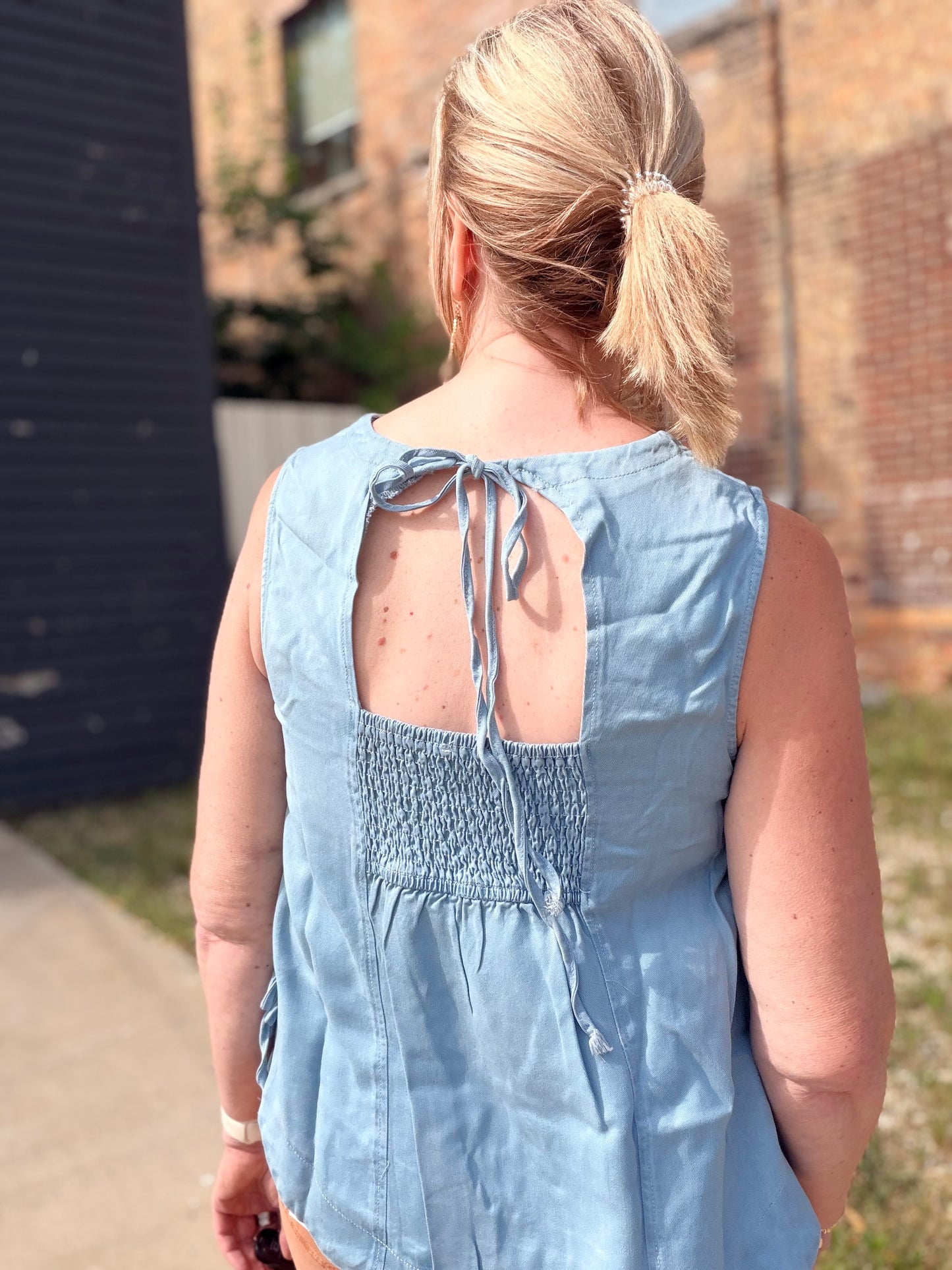 The Brit Washed Chambray Smocked Back Cut Out