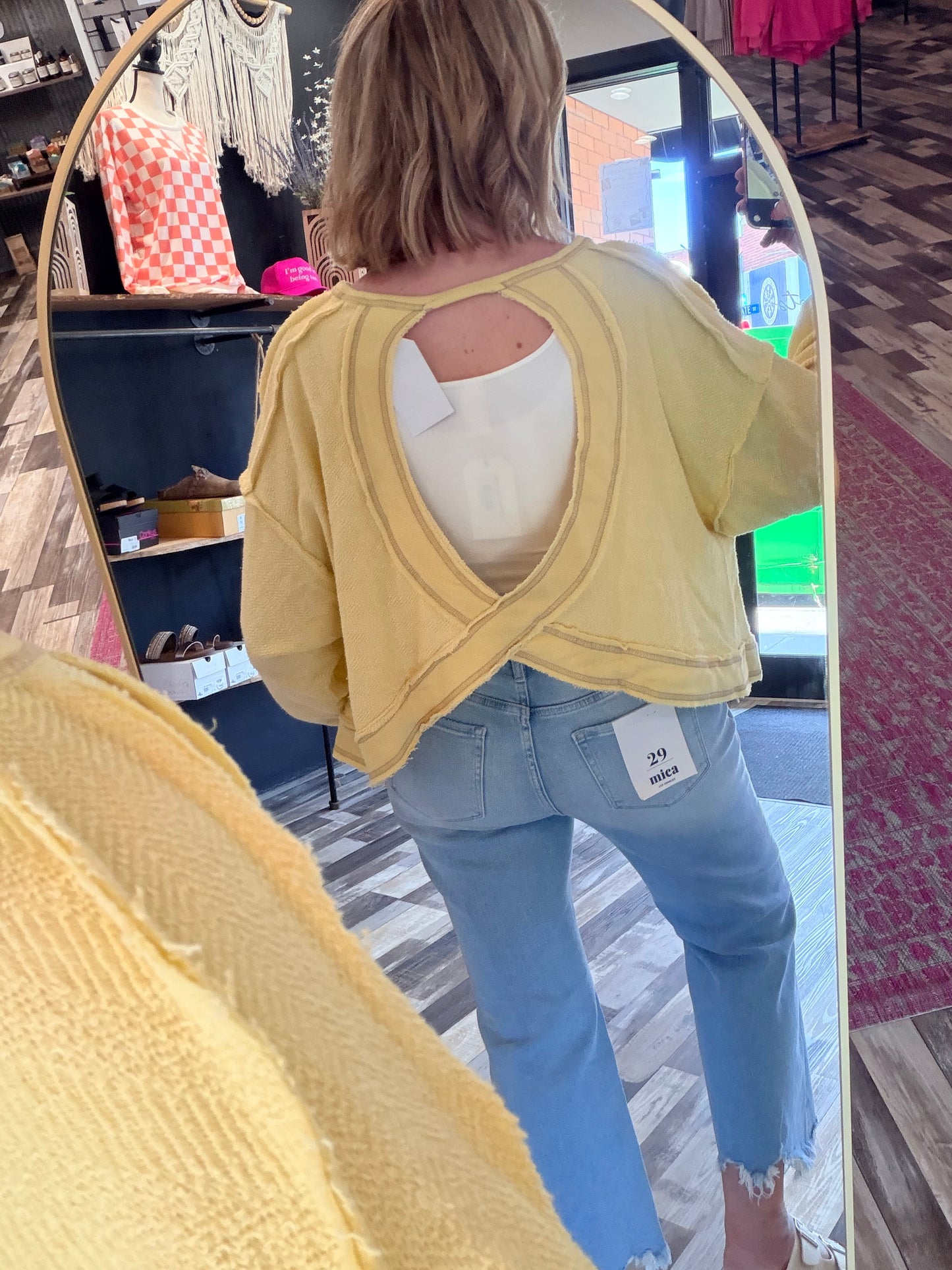 Sunshine in My Day Overlap Open Back Oversize Fit Reverse Stitched Top