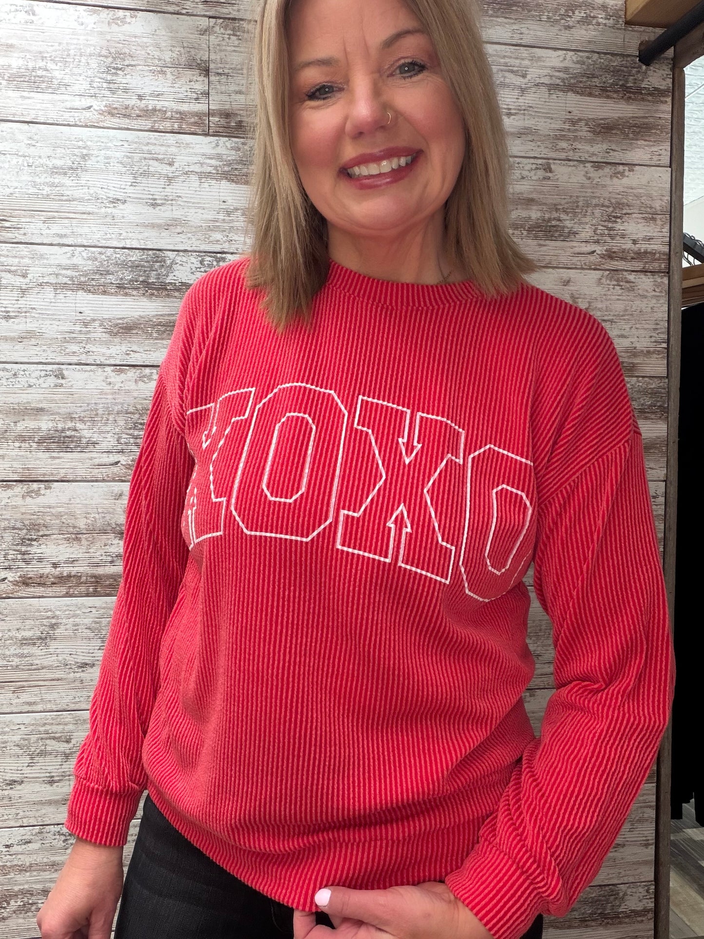 Ribbed XOXO Graphic Long Sleeve Pullover