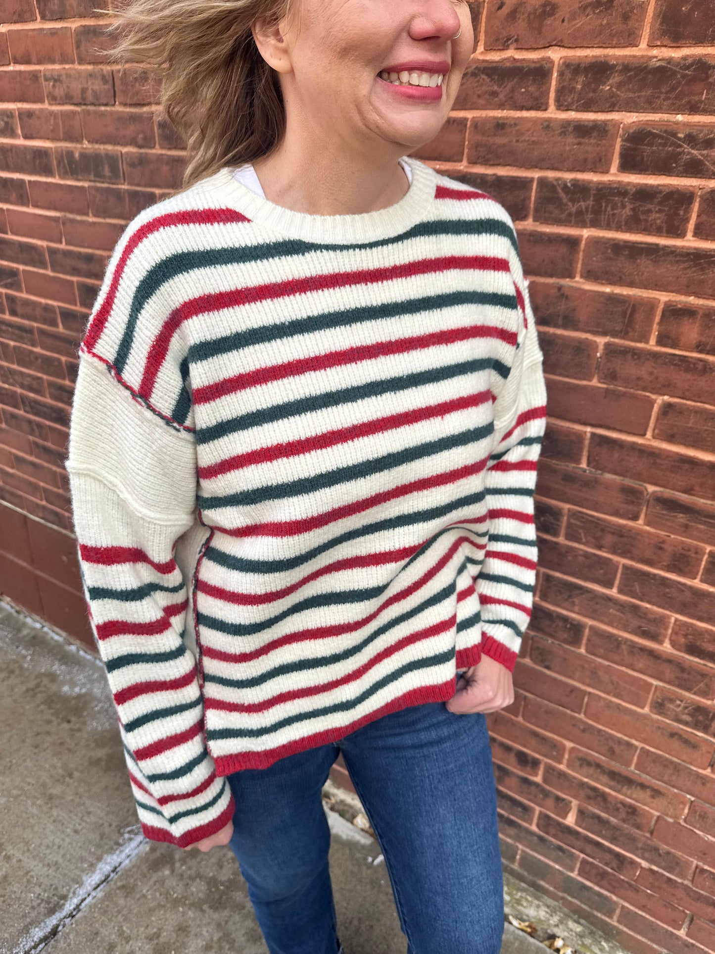 Here Comes Santa Striped Oversized Sweater W/ Cut Edge Hi-low Hem