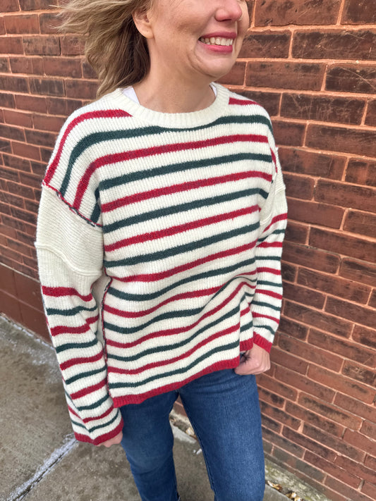 Here Comes Santa Striped Oversized Sweater W/ Cut Edge Hi-low Hem