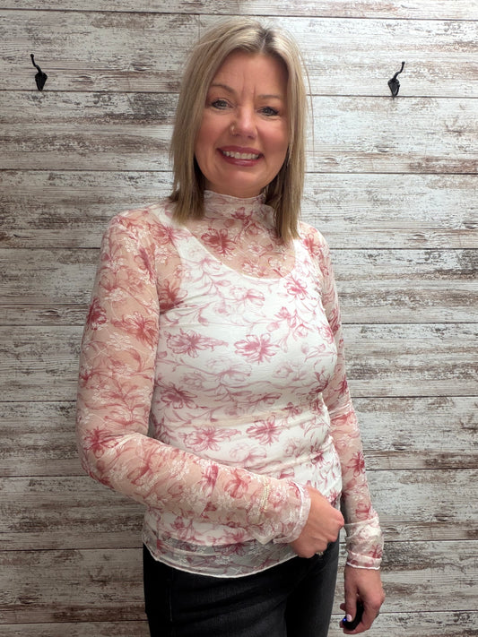 Mesh Floral Print Long Sleeve
