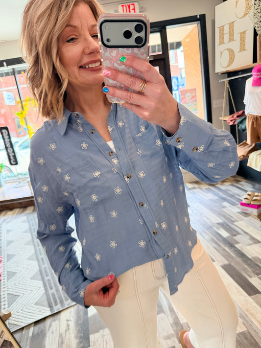 Floral Embroidered Button Down Relaxed Fit Textured Shirt
