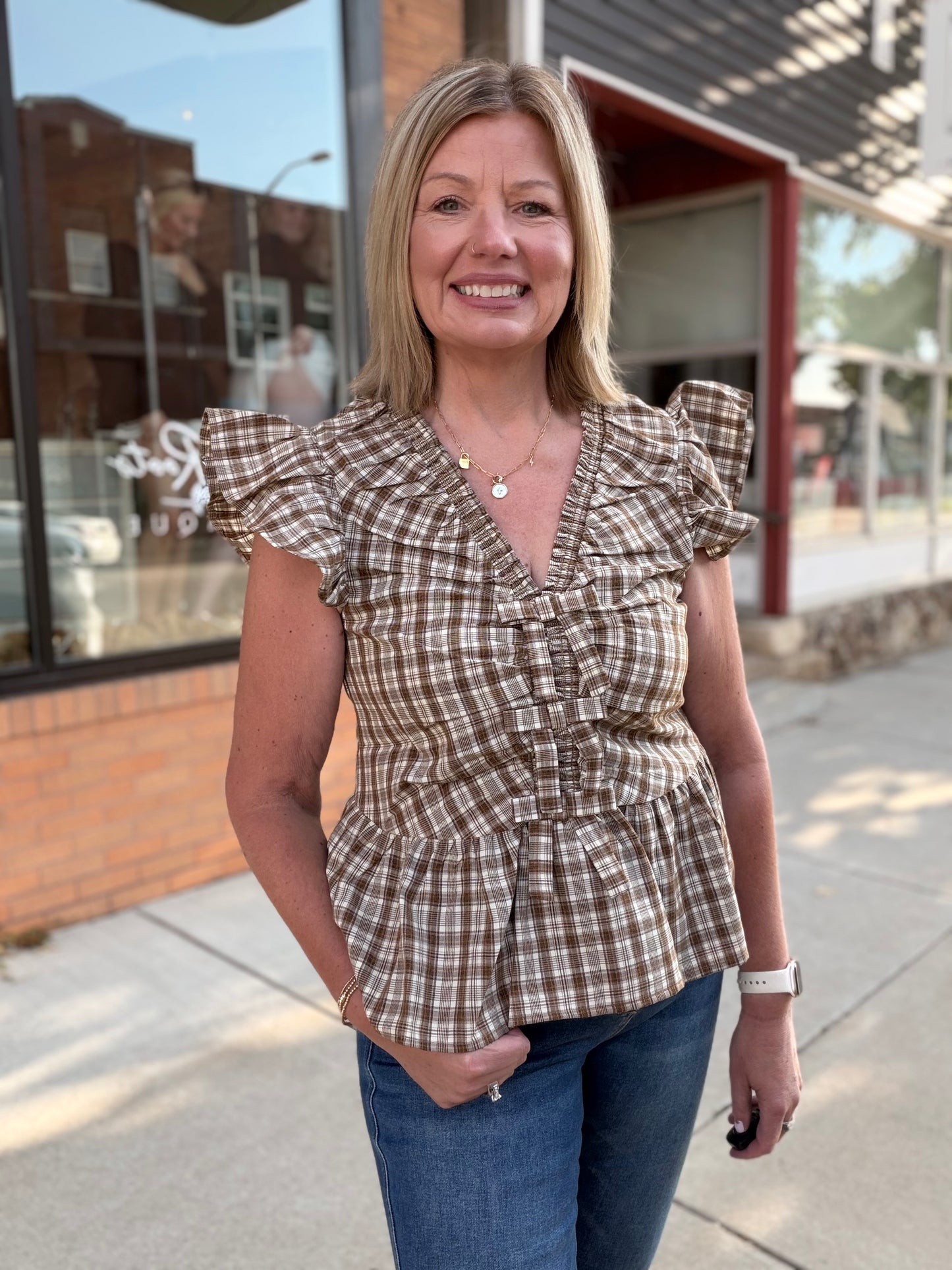 The Dexley Ruffled Plaid Blouse