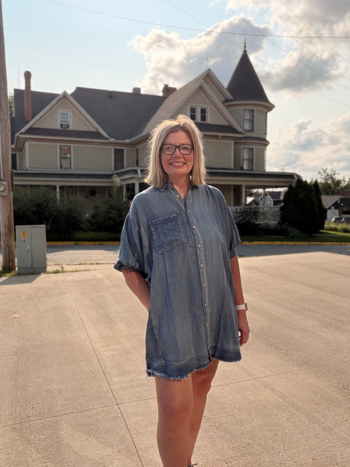 Washed Tencel Chambray Dolman Sleeve Mini Dress