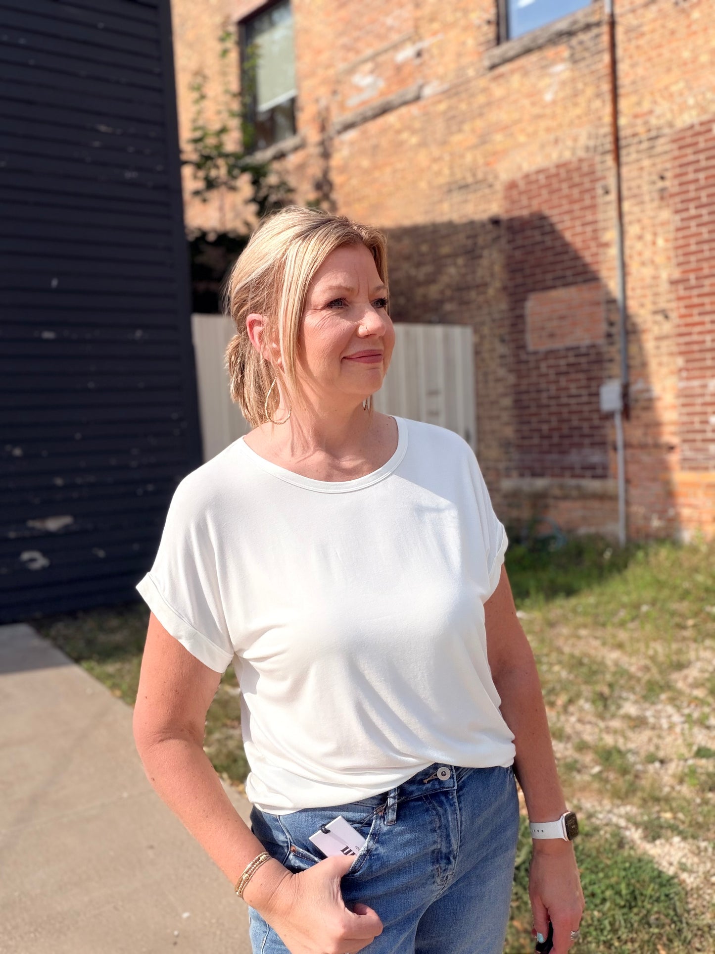 The Layla Solid Crew Rolled Sleeve Top