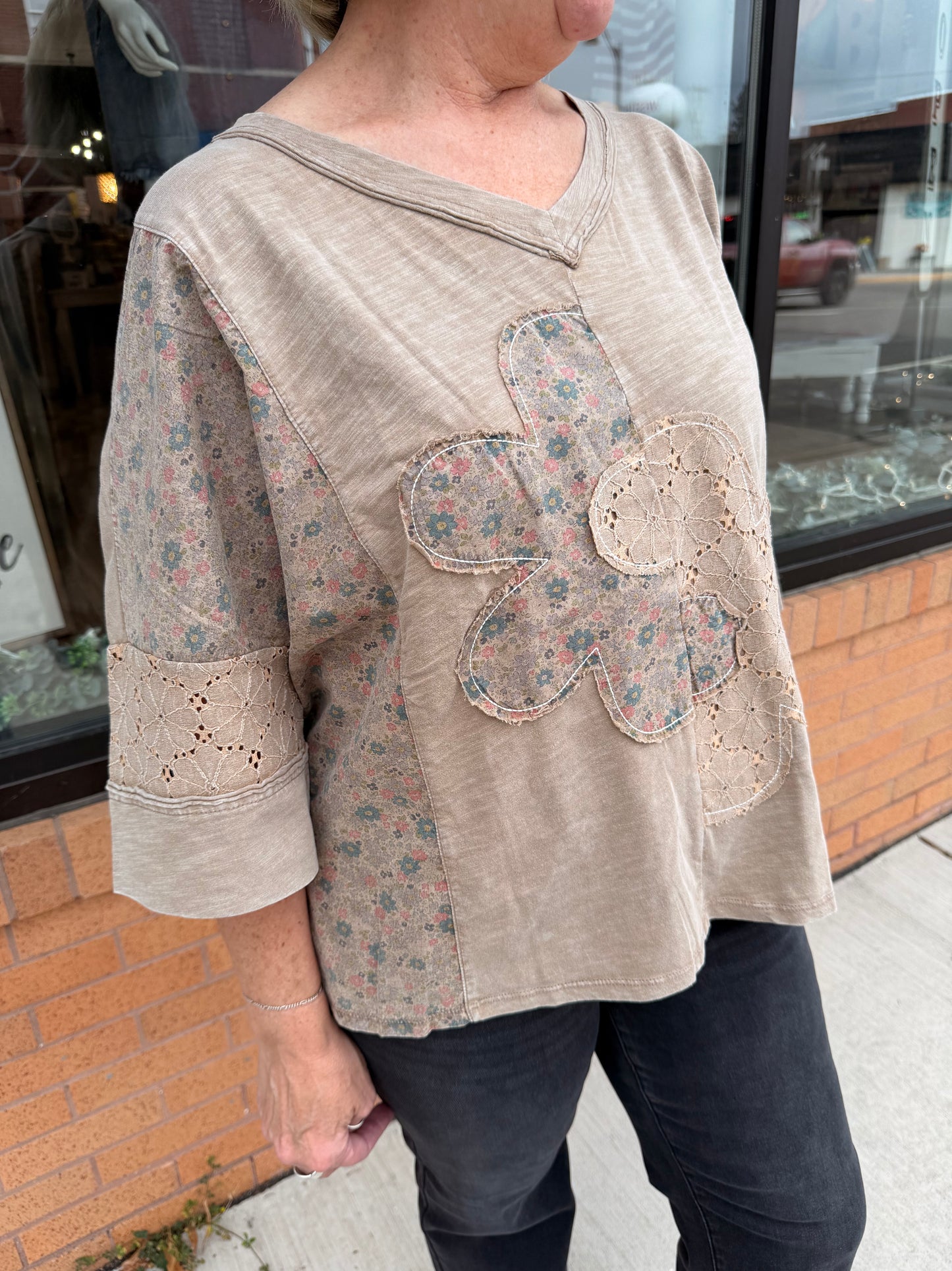 Floral Patchwork V Neck Loose Fit Top