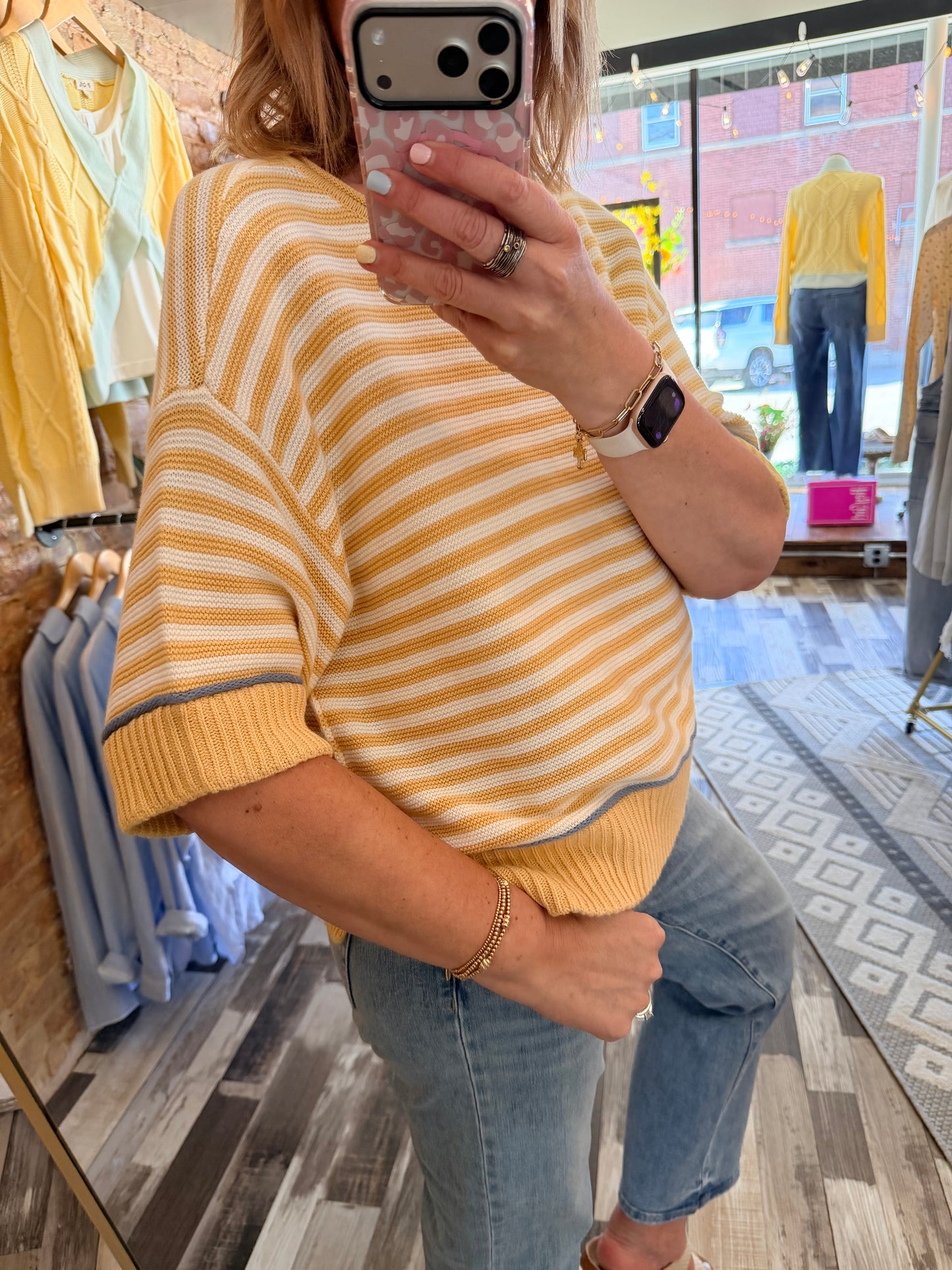 Stripe Raw Edge Detail Contrast Trim Sweater