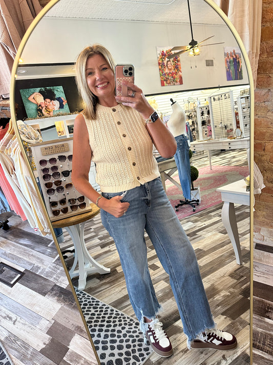 Crew Neck Button Down Sleeveless Knit Cardigan