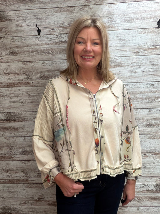 POL Thermal and Floral Mix Fabric Zip Up Hoodie