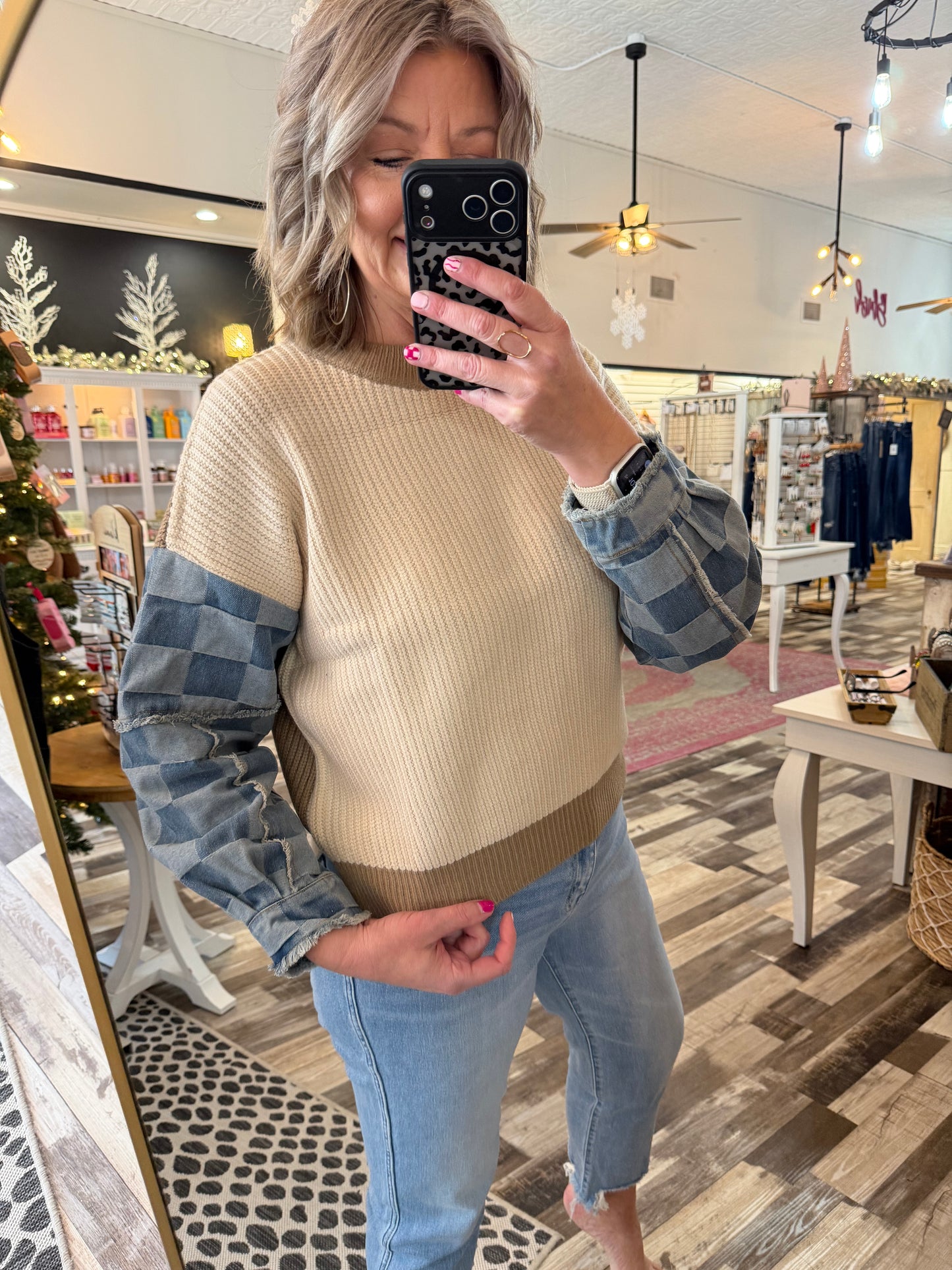 Checkered Denim Sleeve Mix Knit Sweater