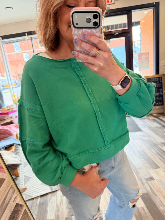 Raw Edge Detail Solid Terry Crop Pullover Top