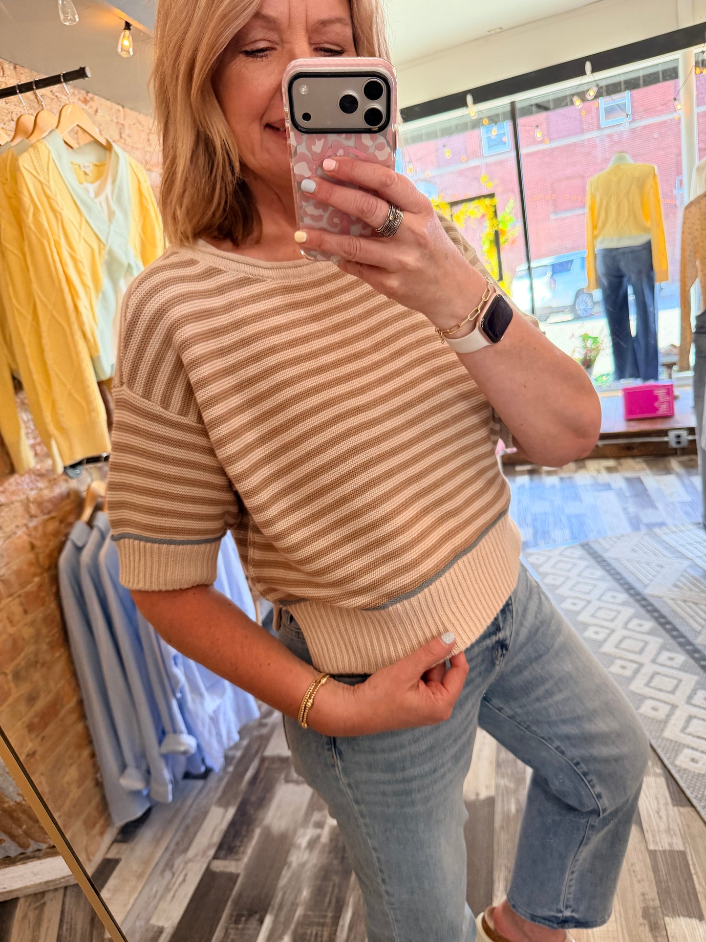 Stripe Raw Edge Detail Contrast Trim Sweater