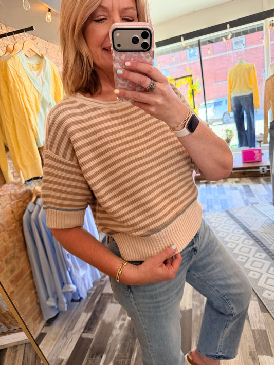 Stripe Raw Edge Detail Contrast Trim Sweater