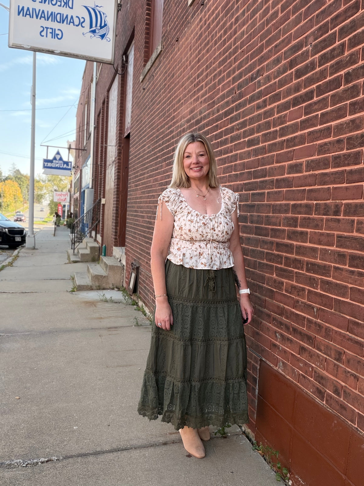Harvest Time Elastic Waist Maxi Skirt w/ Lace Trim