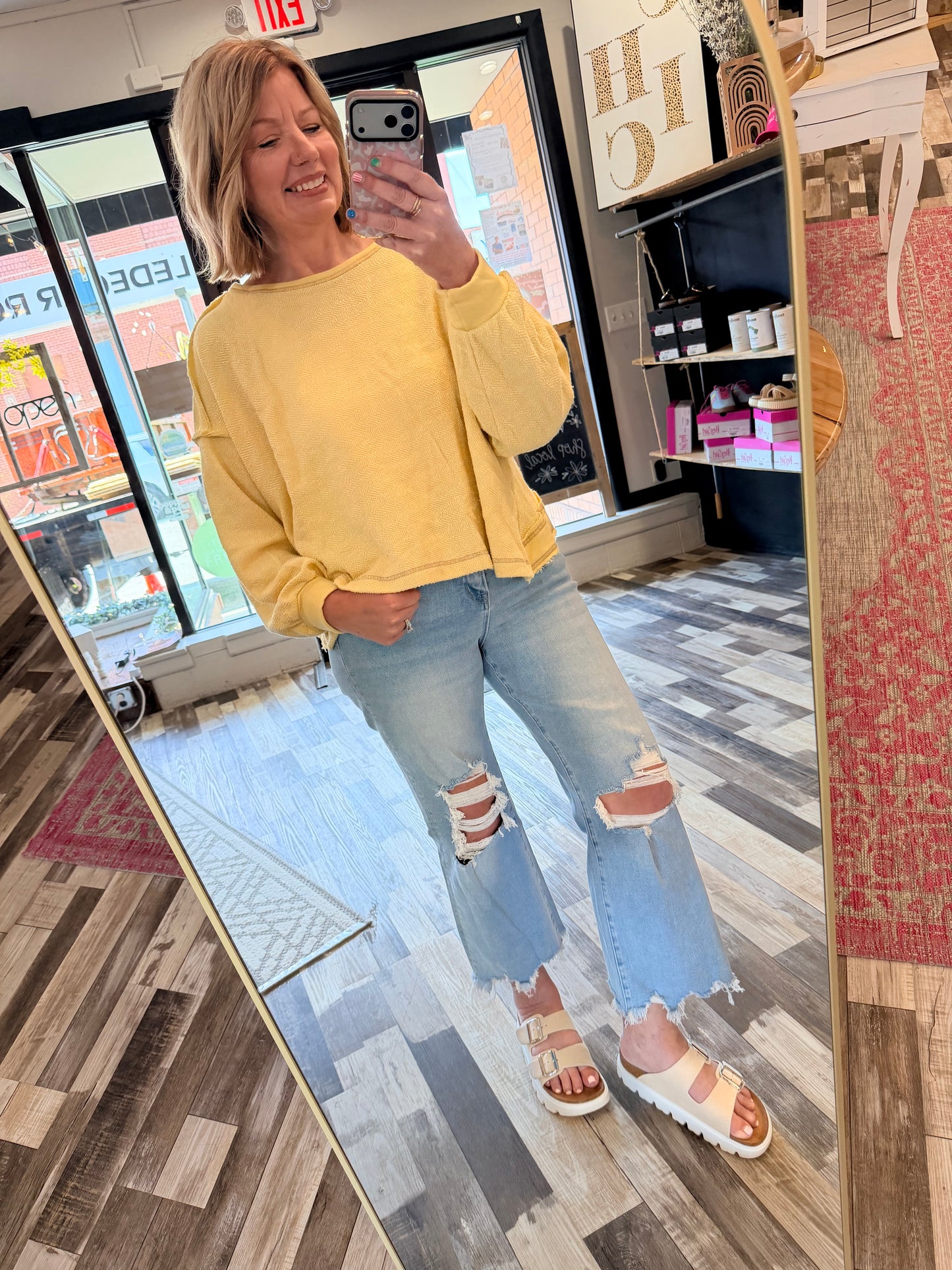 Sunshine in My Day Overlap Open Back Oversize Fit Reverse Stitched Top