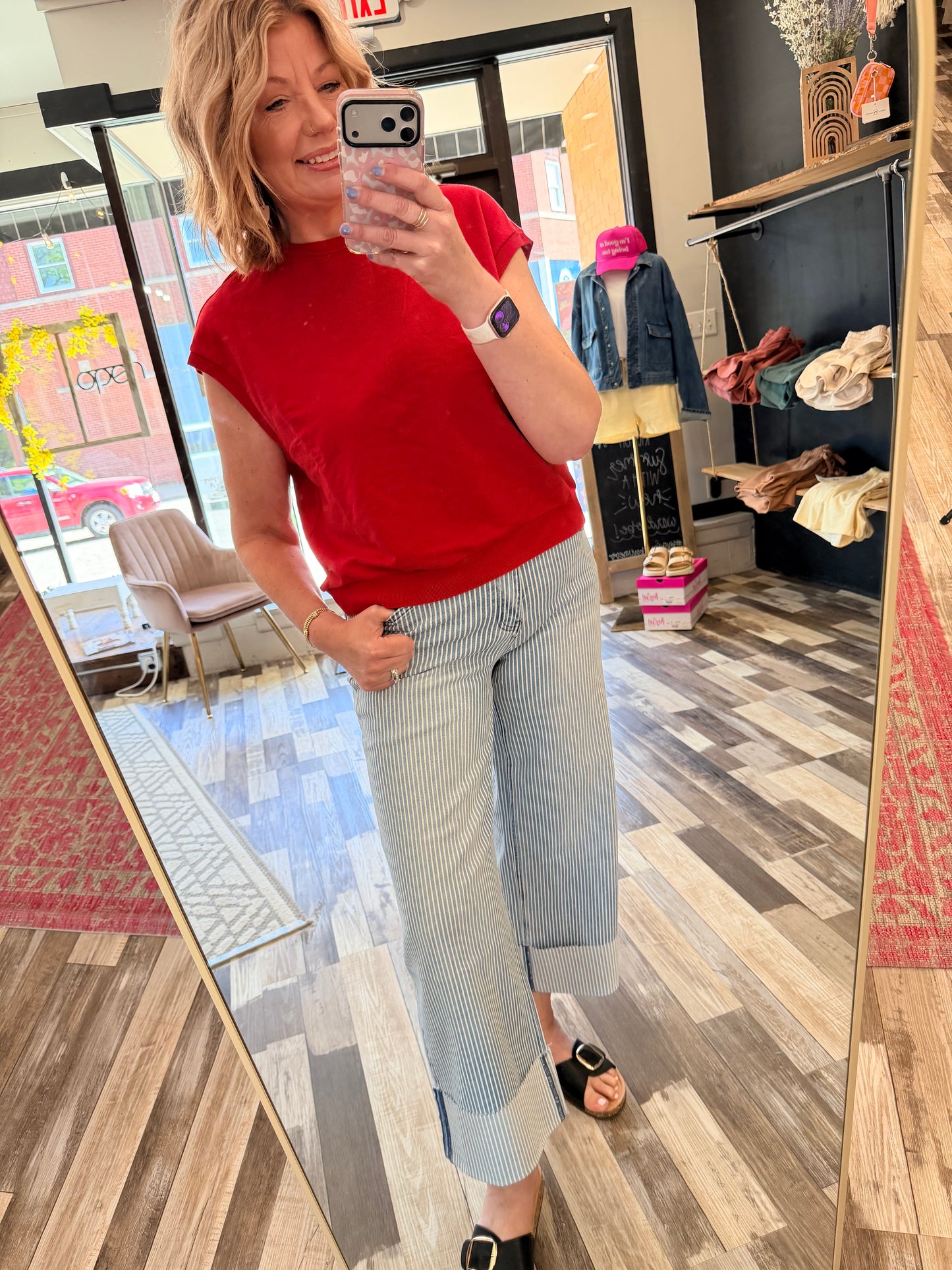 Vervet High Rise Cuffed Striped Crop Wide Jeans