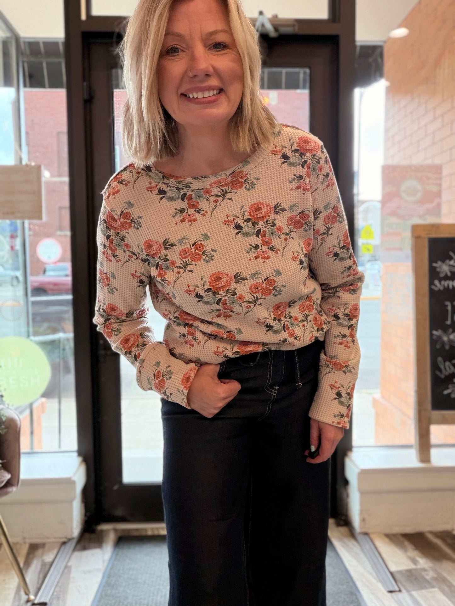 The Rachel Floral Print Washed Waffle Thermal Top With Thumb