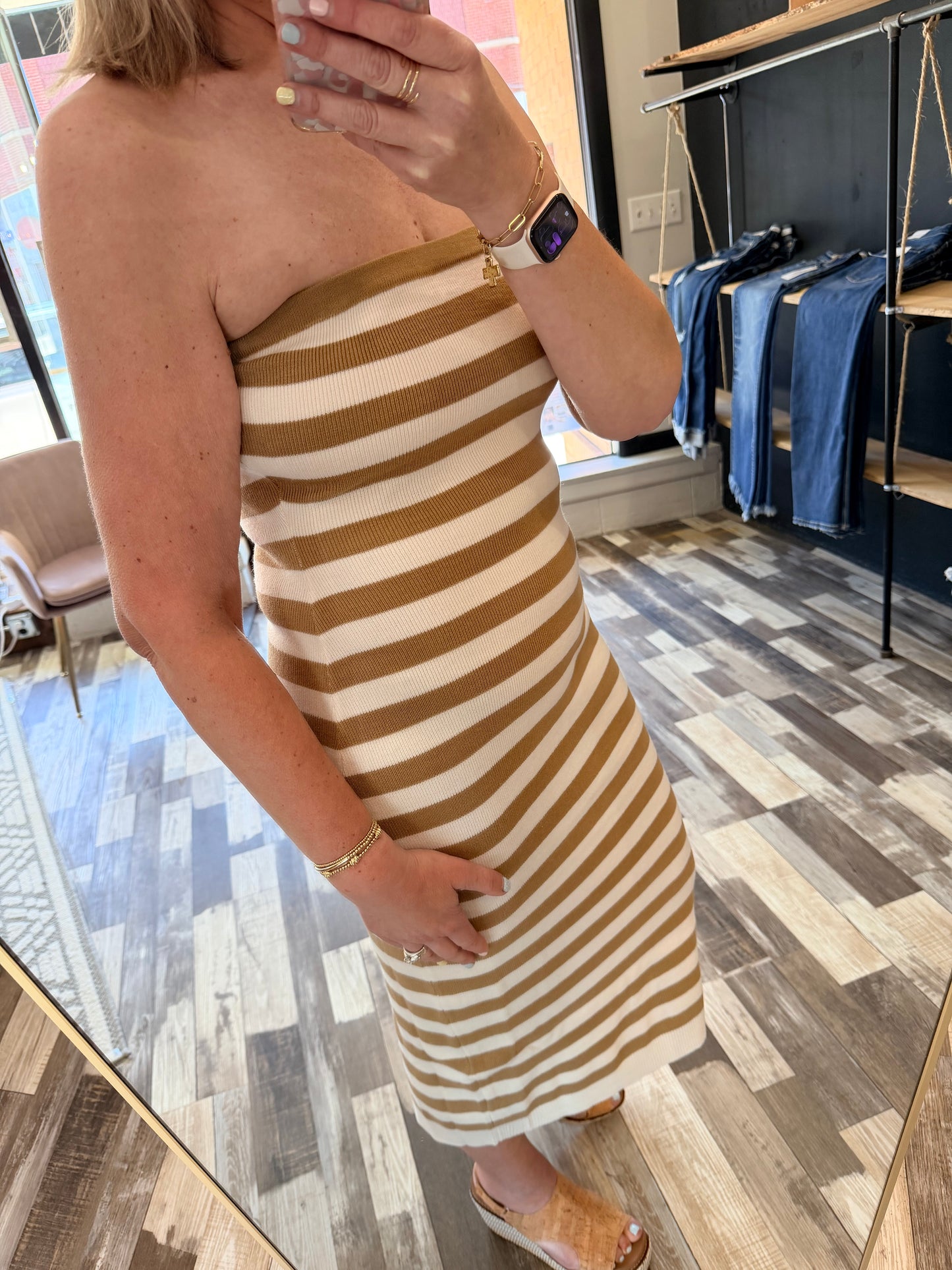 The Kinsee Striped Strapless Knit Midi Dress