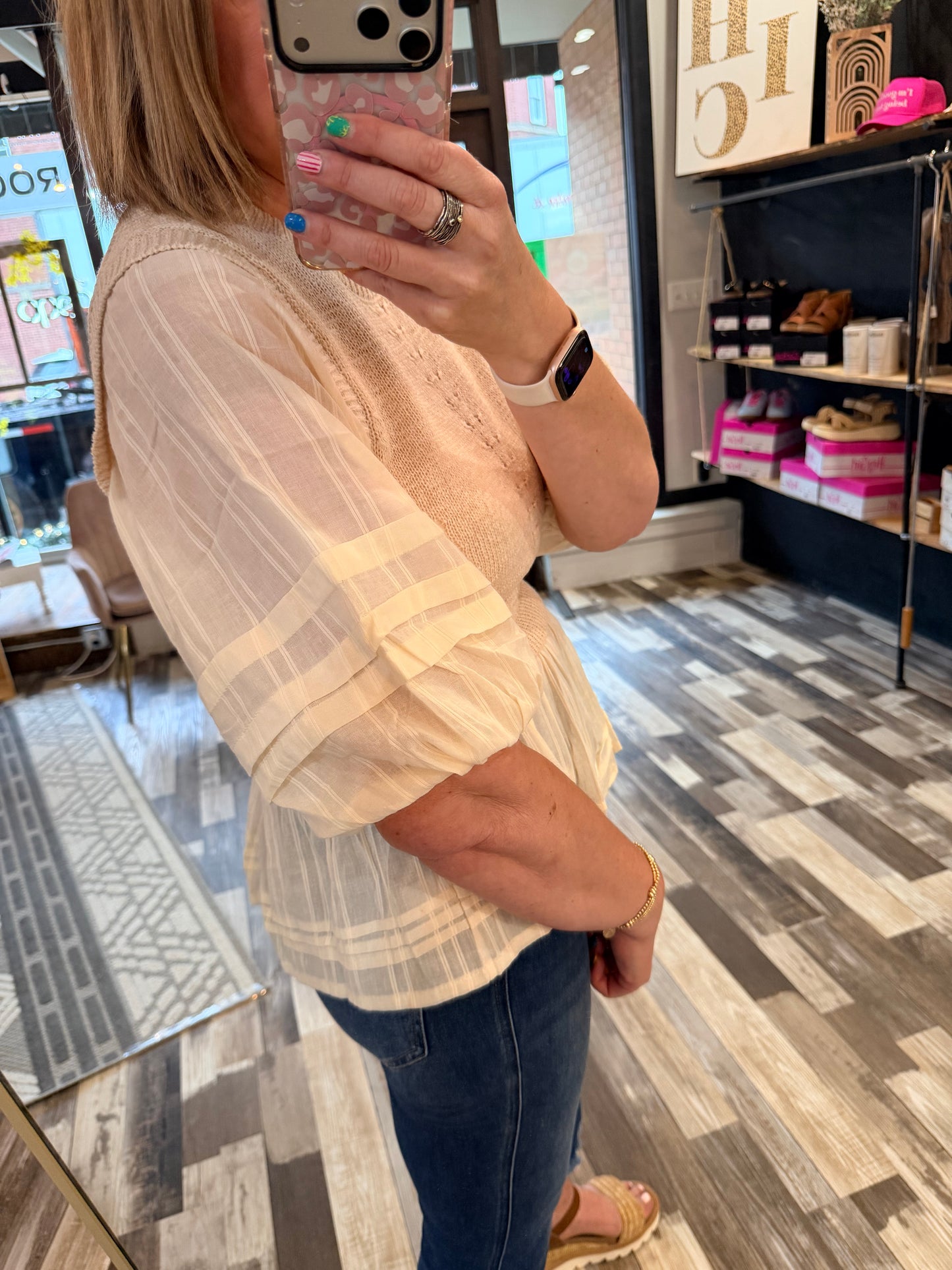 The Addi Peplum Top with Round Neck with Sheer Puff Sleeves