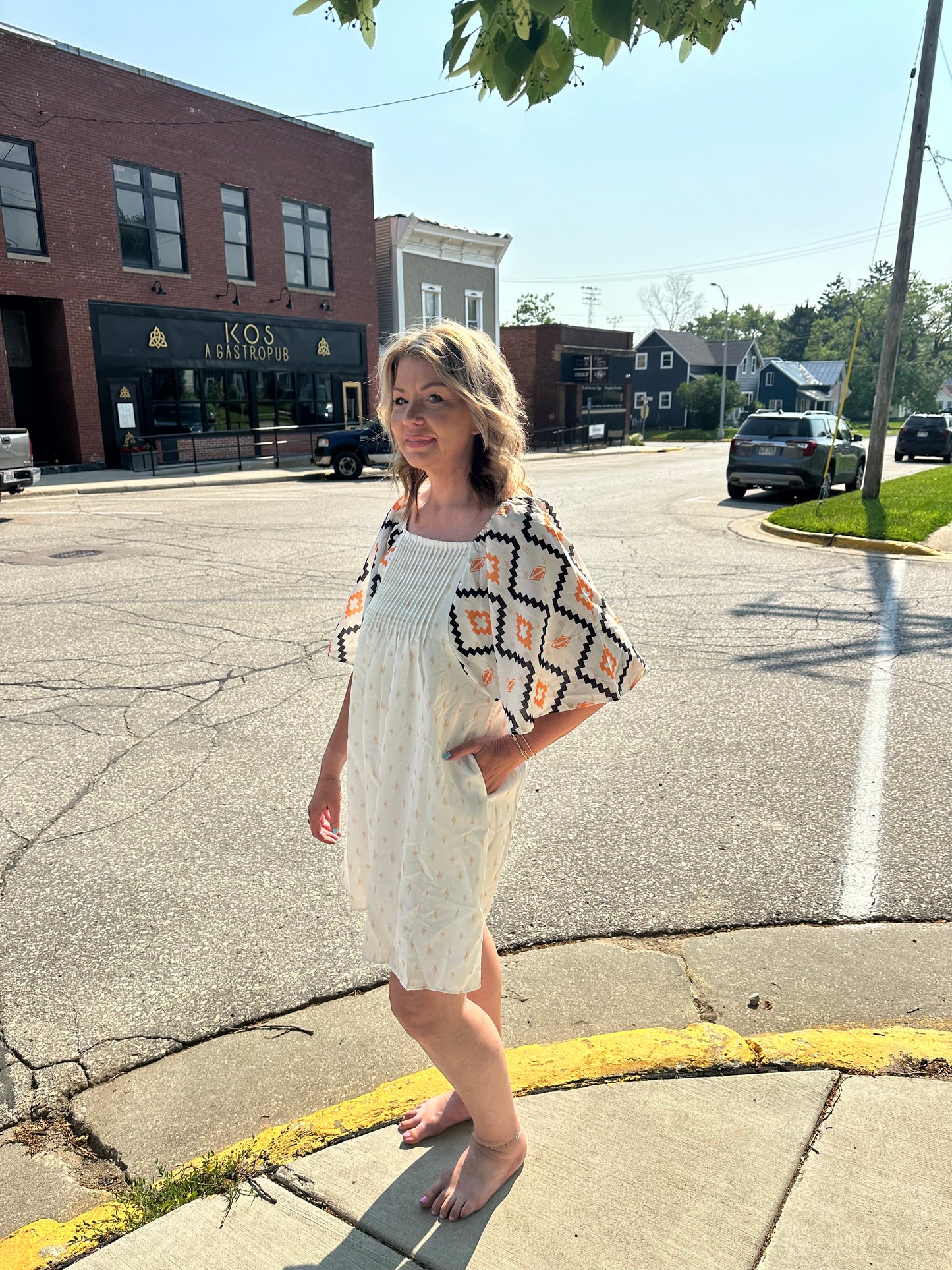 Western Aztec Print Pleated Square Neck Loose Mini Dress