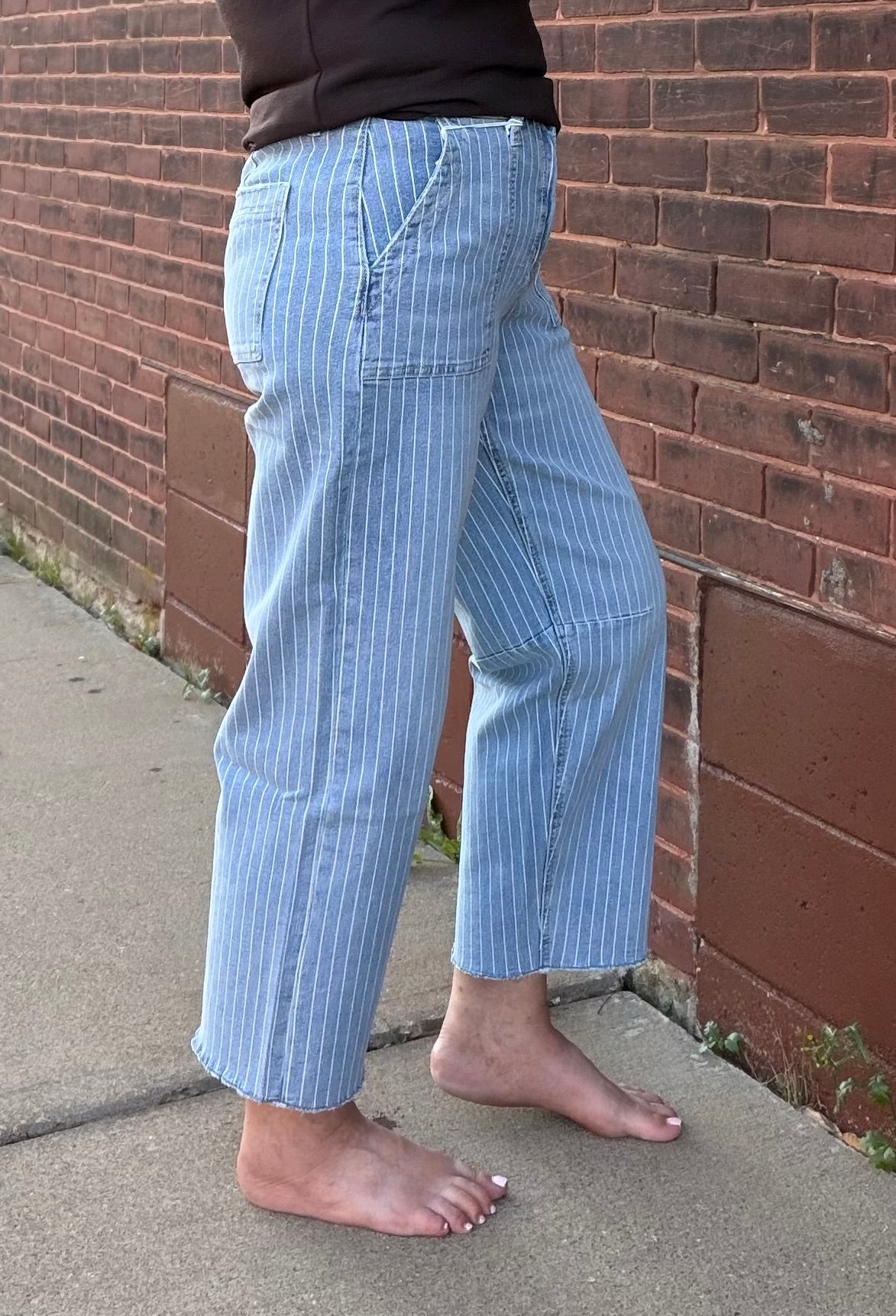 The Vintage Soul Striped High Rise Raw Hem Barrel Jeans by Vervet