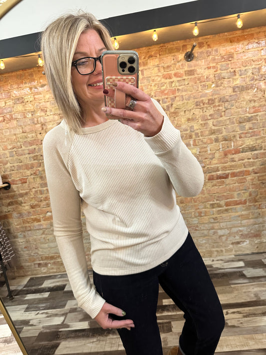 The Ivy Waffle Knit Round Neck Fabric Block Top