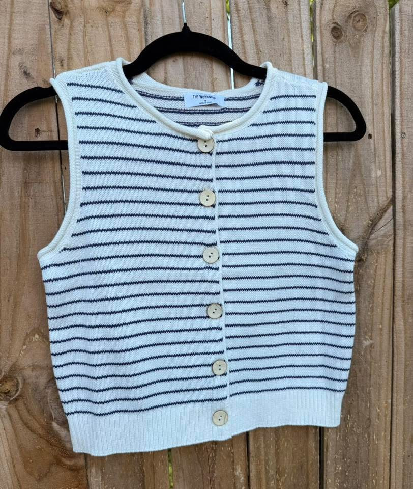 Stripe Raw Edge Button Down Cardigan Vest