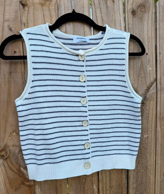 Stripe Raw Edge Button Down Cardigan Vest